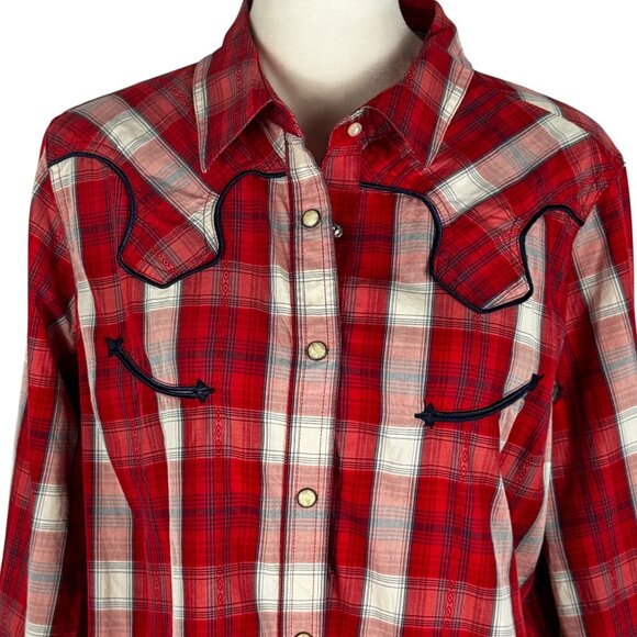 The best! Wrangler Retro Red, White, Blue Plaid Western Pearl Snap Shirt Sz M - Picture 3 of 11